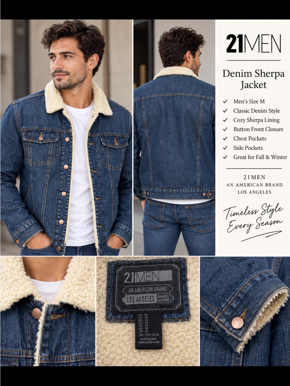 21men Dark Blue Denim Jacket with Cream Sherpa Collar